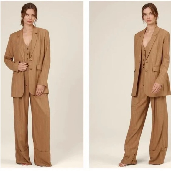 NICHOLAS Charlee Caramel Pinstripe Oversized Linen Blend Blazer Size 2